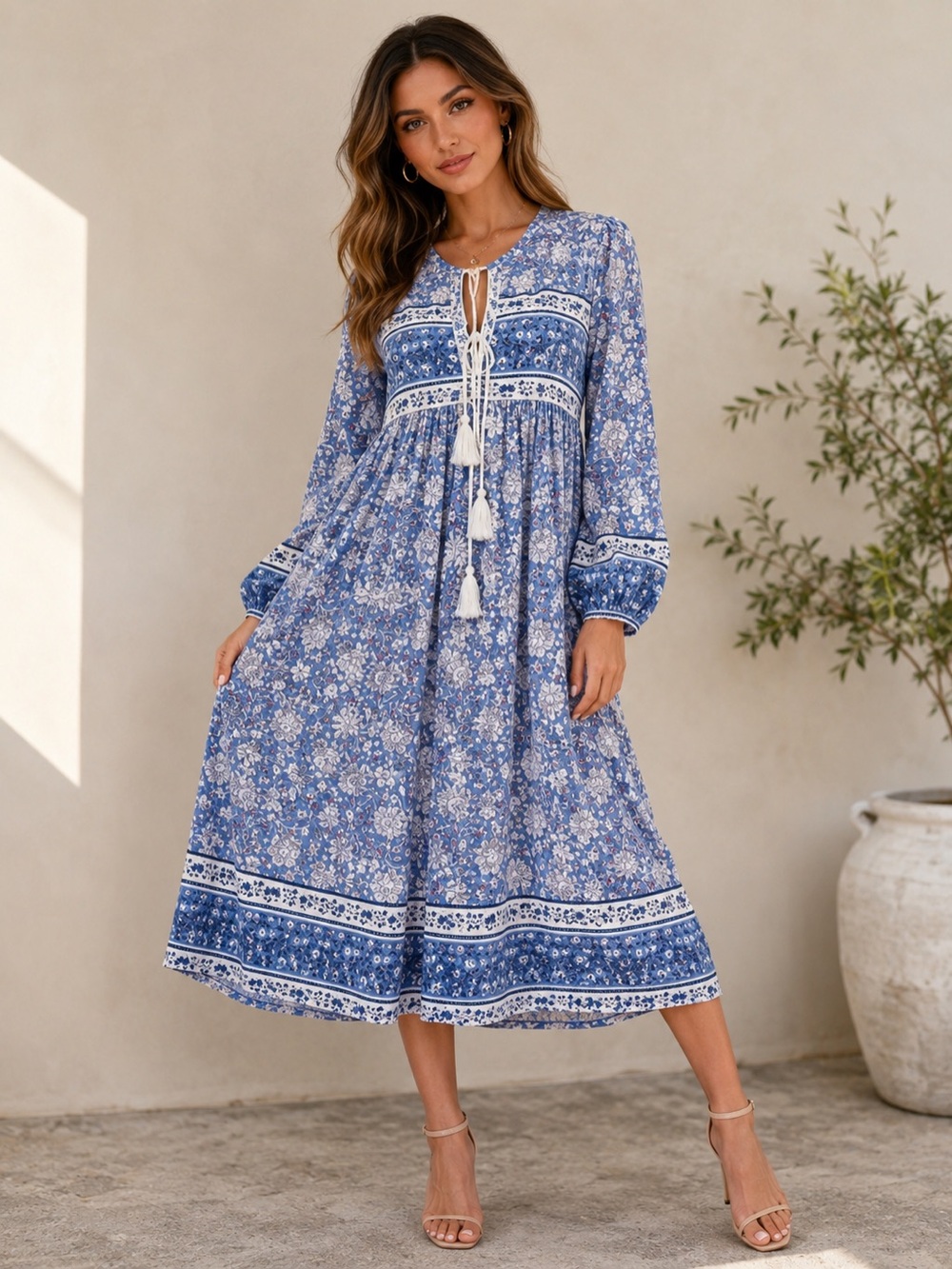 R. Vivimos Bohemian V-Neck Midi Dress